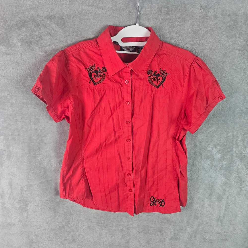 Harley-Davidson Womens Red Embroidered Heart Short Sleeve Button Up Shirt 2009 L